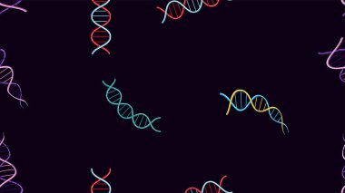 Dna gen moleküllerinin mavi arka plan üzerindeki modellerinin sonsuz tekrarlayan tıbbi bilimsel soyut yapılarının kusursuz desen dokusu. Vektör çizimi
