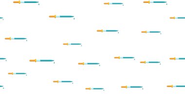 Titrasyon için sonsuz tekrarlayan bilimsel tıp damlalıkları pipetler Dikişsiz desen doku, beyaz bir arka plan üzerinde damla ile ilaç aşılama. Vektör çizimi