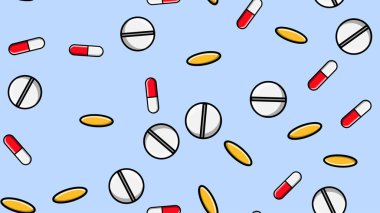 Sonsuz tekrarlayan ilaç hapları dikişsiz desen doku hapları dragee kapsül ve mavi bir arka plan düz üzerinde vitamin ile ilaç plakaları yatıyordu. Vektör çizimi