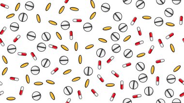Sonsuz tekrarlayan ilaç hapları dikişsiz desen doku hapları dragee kapsül ve beyaz bir arka plan düz üzerinde vitamin ile ilaç plakaları yatıyordu. Vektör çizimi