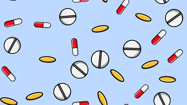 Patrón sin costuras textura de pastillas de medicina repetitiva interminable cápsulas dragee y placas de medicación con vitaminas sobre un fondo azul plano laico. Ilustración vectorial — Archivo Imágenes Vectoriales