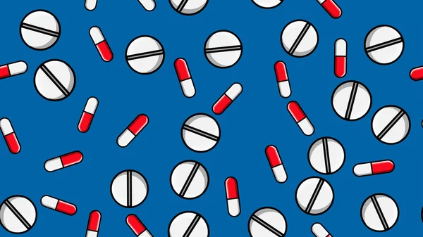 Patrón sin costuras textura de pastillas de medicina repetitiva interminable cápsulas dragee y placas de medicación con vitaminas sobre un fondo azul plano laico. Ilustración vectorial — Archivo Imágenes Vectoriales