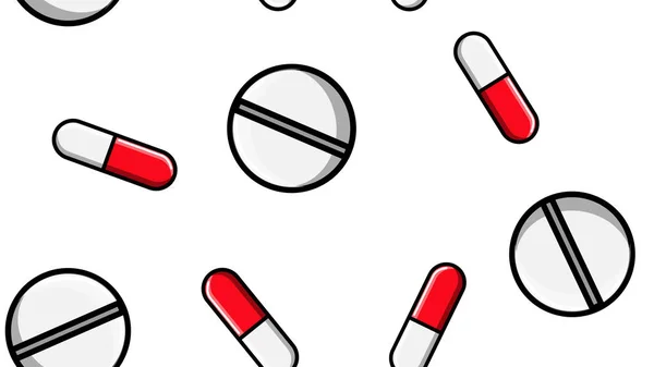 Bezszwowe tekstury wzór niekończących się leków powtarzalnych tabletek pigułki drażetek kapsułki i leki płytek z witamin na białym tle płaskiego leżącego. Ilustracja wektorowa — Wektor stockowy