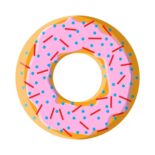 圆润的甜的美味的甜又热的新鲜甜甜圈, 糕点, 饼干与糖在粉红色的糖霜在白色的背景。向量例证 — 图库矢量图片
