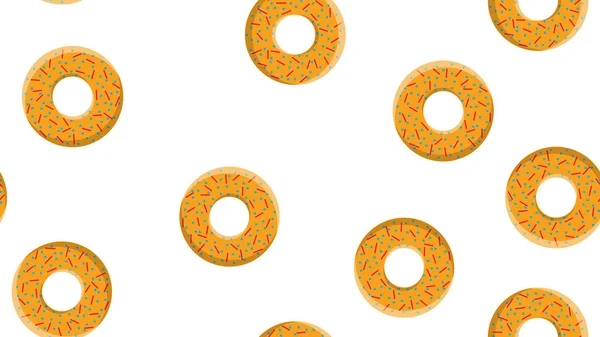 매끄러운 패턴, 둥근 달콤한 밀가루 맛있는 도넛에서 부터 뜨거운 신선한 도넛, 페이스트리, 노란색 배경의 페이스트리 유약에 설탕 코팅 쿠키에 영양을 공급하는 질감. 벡터 일러스트레이션 — 스톡 벡터