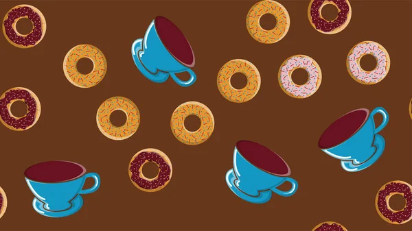 Naadloos patroon, textuur van verschillende ronde zoete lekkere warme donuts met suiker in karamel chocolade en een kopje hete sterke koffie op een bruine achtergrond. Vector illustratie — Stockvector
