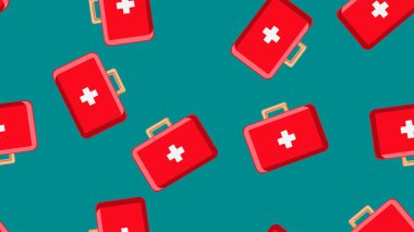 Tıp ile kırmızı tıbbi farmaseptik ilk yardım kitleri Dikişsiz desen doku, yeşil bir arka plan üzerinde ilaçlar. Vektör çizimi