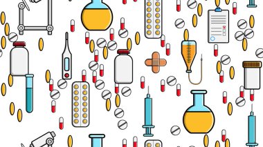Tıp öğeleri simgeleri Dikişsiz desen doku pislikler hapları pipetler Stetoskoplar araçları Doktor şişeler Kapsüller kutuları beyaz bir arka plan üzerinde şırıngalar düz yatıyordu üst görünüm. Vektör Illustration