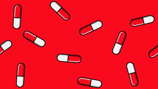 Texture sans couture de pilules pharmaceutiques médicales rouges ovales blanches et rouges avec des médicaments, des médicaments, des vitamines sur fond rouge. Illustration vectorielle — Image vectorielle