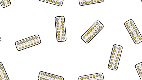 Patrón sin costura textura sin fin de amarillas píldoras medicinales medicinales redondas tabletas en placas de embalaje sobre fondo blanco. Ilustración vectorial — Vector de stock