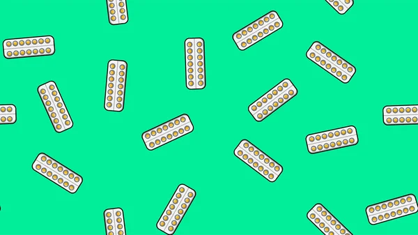 Patrón inconsútil textura sin fin de comprimidos de píldoras farmacéuticas medicinales redondas amarillas en placas de embalaje sobre un fondo turquesa. Ilustración vectorial — Vector de stock