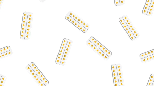 Textura de patrón sin costura de comprimidos farmacéuticos médicos redondos amarillos en placas de embalaje aisladas en blanco — Vector de stock