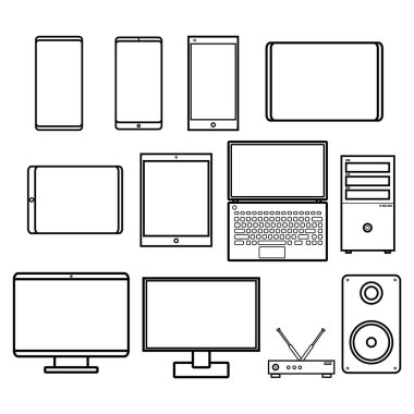 Basit modern dijital akıllı telefonların siyah beyaz düz simgesivektör illüstrasyon seti bilgisayarlar beyaz arka plan üzerindeki modemleri izler. Konsept: bilgisayar dijital teknolojileri.