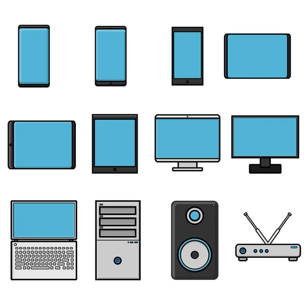 Conjunto de ilustración vectorial de icono plano de teléfonos inteligentes digitales modernos simples ordenadores monitores módems sobre un fondo blanco. Concepto: tecnologías digitales informáticas — Vector de stock