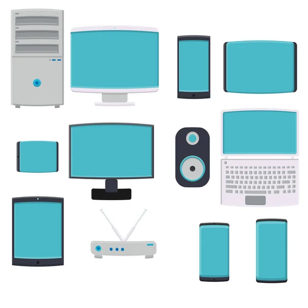 Ilustración vectorial de un gran conjunto de iconos planos de teléfonos inteligentes digitales ordenadores monitores módems portátiles sobre un fondo blanco. Concepto: tecnologías digitales informáticas — Vector de stock