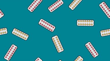 Mavi arka plan üzerinde ambalaj plakaları sarı yuvarlak tıbbi ilaç hapları tabletler Dikişsiz desen sonsuz doku. Vektör çizimi