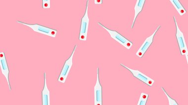 Pembe bir arka plan üzerinde vücut ısısını ölçmek için sonsuz tekrarlayan tıbbi dijital modern elektronik termometreler Dikişsiz desen doku. Vektör çizimi