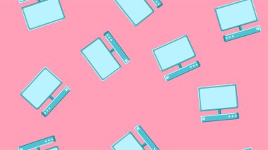 Pembe arka plan monitörleri ile sonsuz tekrarlayan modern dijital dizüstü bilgisayarların sorunsuz desen dokusu. Vektör çizimi