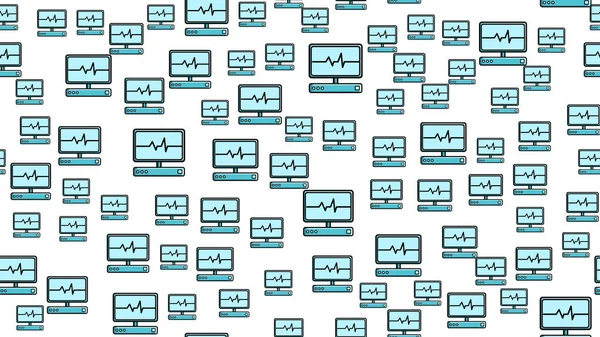 白い背景にモニターを持つ現代のデジタルラップトップコンピュータのパルスと心電図と無限の反復科学医学のシームレスなパターンテクスチャ。ベクトルイラスト — ストックベクタ