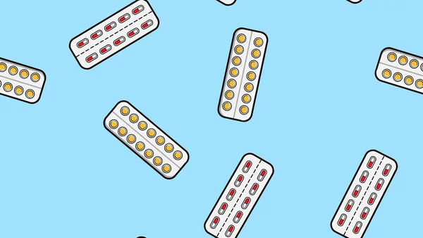 Patrón sin costuras textura de pastillas de medicina repetitiva interminable cápsulas dragee y placas de medicación con vitaminas sobre un fondo azul plano laico. Ilustración vectorial — Vector de stock