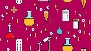 Tıp öğeleri simgeleri dikişsiz desen doku pricks hapları pipetler stetoskoplar araçları doktor şişeleri mor bir arka plan düz üzerinde şırıngalar üst görünüm yatıyordu. Vektör çizimi