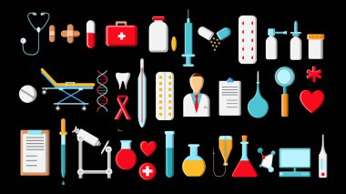 Bir eczane veya doktor ofisinde tıbbi öğeler ve araçlar Büyük güzel parlak renkli seti, termometre tabletleri siyah bir arka plan üzerinde şişeler ilaçlar şırıngalar. Vektör çizimi