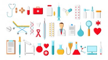 Tıbbi öğeler ve bir eczane veya doktor ofisi araçları büyük bir güzel parlak renkli seti, termometre tabletleri beyaz bir arka plan üzerinde ilaç şişeleri şırıngalar. Vektör çizimi