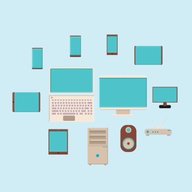 Dijital akıllı telefon bilgisayarlarının büyük düz simgelerinin vektör illüstrasyonu, modemleri mavi arka plandaki monitörlerden izler. Konsept: bilgisayar teknolojileri