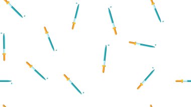 Titrasyon için sonsuz tekrarlayan bilimsel tıp damlalıkları pipetler Dikişsiz desen doku, beyaz bir arka plan üzerinde damla ile ilaç aşılama. Vektör çizimi