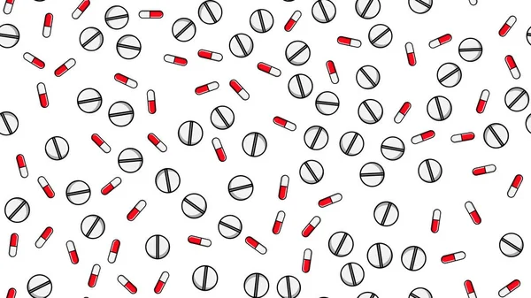 Απρόσκοπτη υφή μοτίβο της ατέλειωτης επαναλαμβανόμενη ιατρική δισκία χάπια κουφέτο κάψουλες και πινακίδες φαρμάκων με βιταμίνες σε ένα λευκό φόντο επίπεδη. Απεικόνιση διανυσματικών φορέων — Διανυσματικό Αρχείο