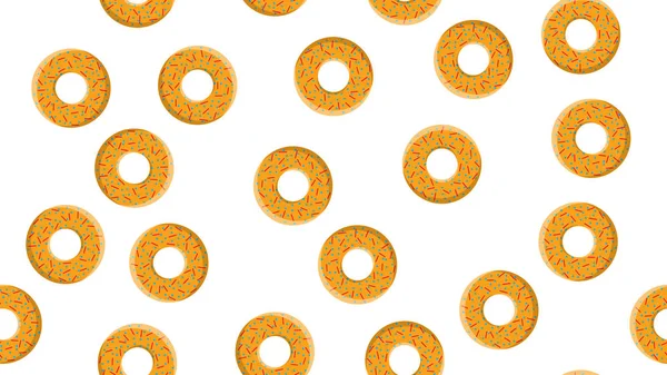 无缝的图案，质地从圆形甜面粉美味的甜甜圈到滋养热的新鲜甜甜圈，糕点，糖涂层饼干在糕点釉在黄色背景。矢量插图 — 图库矢量图片