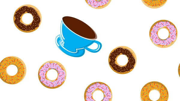 Naadloos patroon, textuur van verschillende ronde zoete lekkere warme donuts met suiker in karamel chocolade en een kopje hete sterke koffie op een witte achtergrond. Vector illustratie — Stockvector