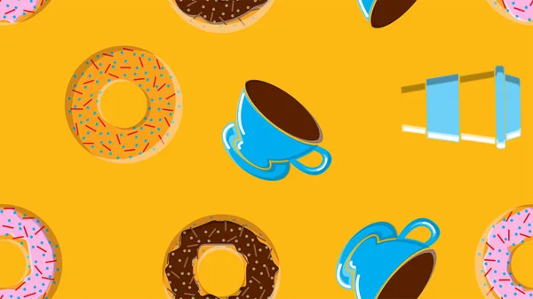 Sömlösa mönster, textur från olika runda söta läckra munkar till heta söta karamell choklad och en kopp hett snabbt starkt morgonkaffe till frukost på en gul bakgrund. — Stock vektor