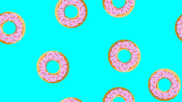 둥근 달콤한 밀가루 맛있는 도넛에서 부터 파란색 배경의 분홍색 캐러멜 사탕 가게에서 뜨거운 신선, 베이킹, 설탕 코팅 쿠키에 영양을 공급하는 매끄러운 패턴, 질감. 벡터 일러스트레이션 — 스톡 벡터
