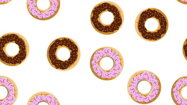 Padrão sem costura, textura de farinha doce redonda diferente saborosos donuts quentes frescos, doces, biscoitos revestidos de açúcar em chocolate doces de caramelo em um fundo branco. Ilustração vetorial —  Vetores de Stock