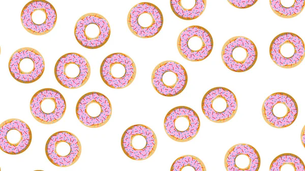 Naadloos patroon, textuur van ronde zoete meel smakelijke donuts tot voedende warme verse donuts, gebak, met suiker beklede koekjes in een roze Candy Caramel glazuur op een witte achtergrond. Vector illustratie — Stockvector