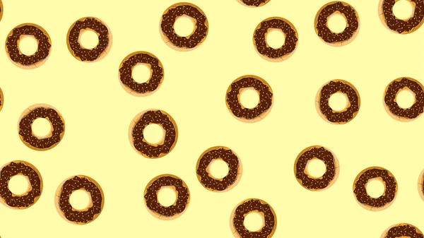 Patrón sin costuras, textura de rosquillas frescas calientes nutritivas dulces redondas, pasteles, galletas recubiertas de azúcar en esmalte de confitería de chocolate marrón sobre un fondo amarillo. Ilustración vectorial — Vector de stock