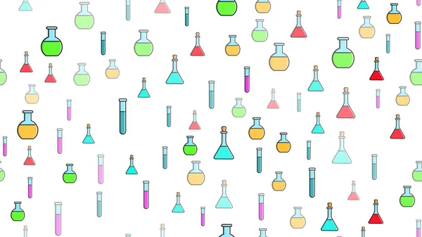 Beyaz arka plan üzerinde farklı şekillerde şişelerin sonsuz tekrarlayan çok renkli tıbbi kimyasal cam bilimsel test tüpleri Dikişsiz desen doku. Vektör çizimi — Stok Vektör