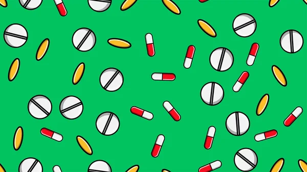 Patrón sin costuras textura de pastillas de medicina repetitiva interminable cápsulas dragee y placas de medicación con vitaminas sobre un fondo verde plano laico. Ilustración vectorial — Archivo Imágenes Vectoriales