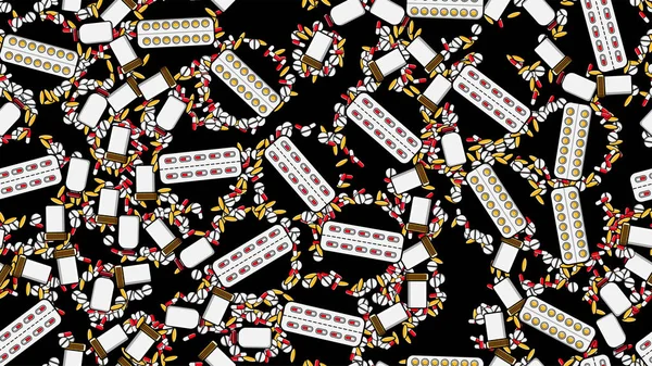 Struttura modello senza soluzione di continuità di infinite compresse medicina ripetitiva pillole dragee capsule registra lattine di confezioni con farmaci vitamine farmaci su uno sfondo nero piatta lay top view. Illustrazione vettoriale — Vettoriale Stock