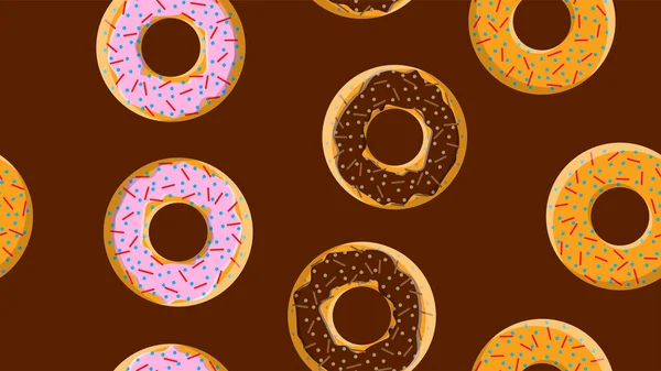 Naadloos patroon, textuur van verschillende ronde zoete meel smakelijke verse warme donuts, gebak, met suiker beklede koekjes in chocolade snoep karamel zoetwaren op een bruine achtergrond. Vector illustratie — Stockvector