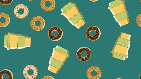 Naadloos patroon, textuur van verschillende ronde zoete lekkere warme donuts met suiker in karamel chocolade en een kopje hete snelle take-out sterke koffie op een blauwe achtergrond. Vector illustratie — Stockvector