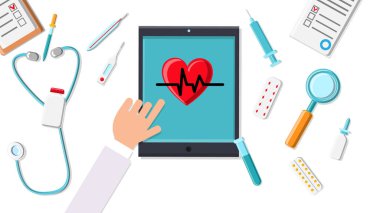 Vektör adam doktor bir mobil tablet üst görünümü ile ofiste işyerinde ellerini çalışan, düz yatıyordu. Konsept: Dijital modern akıllı It ve tıpta yeni bilgisayar teknolojileri