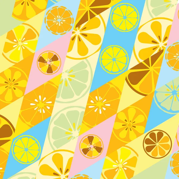 Textura amarilla de verano con un patrón de limones limas naranjas cítricos fruta fresca vitamina tropical sabroso dulce sobre un fondo de rombos para fondo de pantalla en la cocina. Ilustración vectorial — Vector de stock
