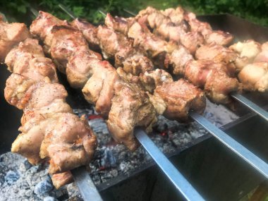 Güzel lezzetli, iştah açıcı et, kömürler ve şişler üzerinde kavrulmuş füme kabuk ile ızgara üzerinde doğal duman ızgara kebaplar. Konsept: kamp, piknik, barbekü, ızgara