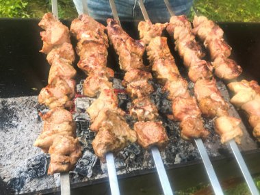 Güzel lezzetli, iştah açıcı et, kömürler ve şişler üzerinde kavrulmuş füme kabuk ile ızgara üzerinde doğal duman ızgara kebaplar. Konsept: kamp, piknik, barbekü, ızgara