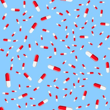 Tıbbi dikişsiz desen, kırmızı ve beyaz tıbbi oval ilaç güzel tablet doku, kapsüller, vitaminler, ilaçlar, antibiyotikler mavi bir arka plan üzerinde izole. Konsept: sağlık