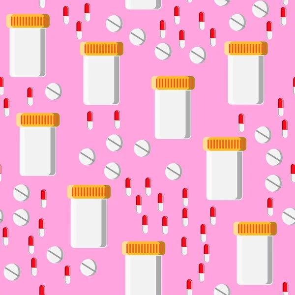 Лечебный бесшовный узор, текстура разноцветных лекарственных лекарственных препаратов красивых таблеток, банок, капсул, витаминов, лекарств, антибиотиков изолированы на розовом фоне. Концепция: здравоохранение — стоковый вектор