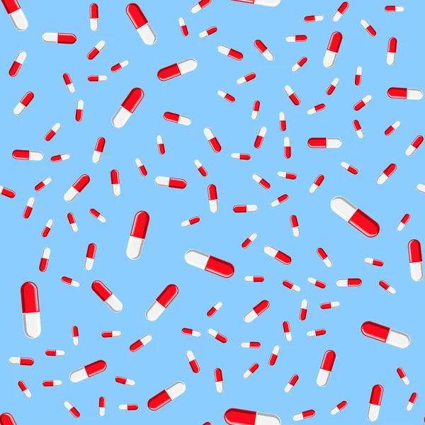Медичний безшовний візерунок, текстура червоно-білих лікарських овальних фармацевтичних красивих таблеток, капсул, вітамінів, ліків, антибіотиків ізольовані на синьому фоні. Концепція: охорона здоров'я — стоковий вектор