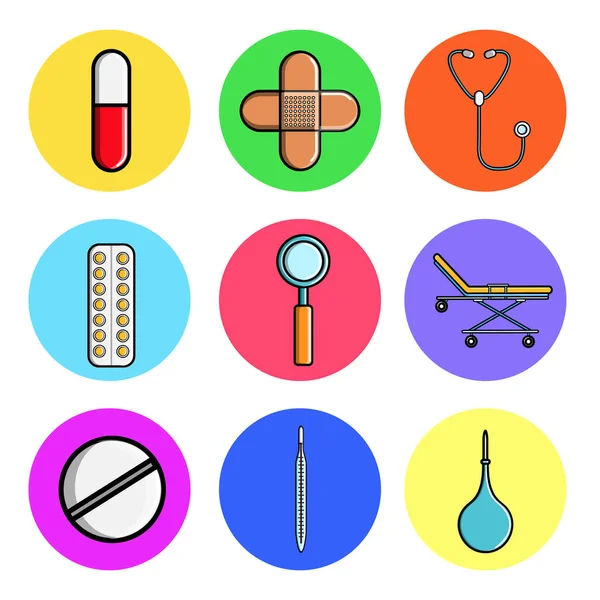 Ensemble d'icônes rondes médicales, articles d'équipement médical capsule, pilule, patch, stéthoscope, plaque, loupe, brancard, thermomètre, lavement. Concept : soins de santé, hôpitaux, médicaments, médecine — Image vectorielle